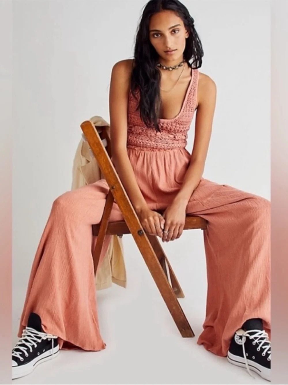 Free People Soleil Jumpsuit Crochet Wide Leg Open Back Boho Peach Size M NWT